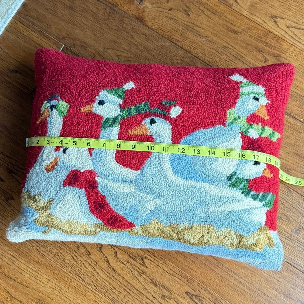 Wool Festive Goose Holiday Pillow - Red and White